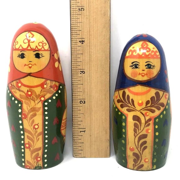 Matryoshka Russian Chime Doll Vintage Hand Painted Roly Poly Folk Art Set of 2 - Picture 15 of 15